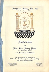Programme, Ringwood Masonic Lodge No 382 - Installation of Wor. Bro. Barry Peake as Worshipful Master, 6th July 1938