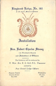 Programme, Ringwood Masonic Lodge No 382 - Installation of Bro. Robert Charles Stoney as Worshipful Master and Investiture of Officers, 7th July, 1943