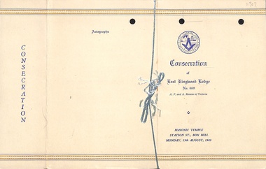 Programme, East Ringwood Masonic Lodge No 668 - Consecration Programme 15th August 1949