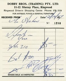 Financial record, Receipt from Dobby Bros (Trading) Pty Ltd, 11-12 Murray Place, Ringwood