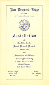 Programme, East Ringwood Masonic Lodge No 668 - Installation of Worshipful Brother Frank Bernard Bennett, Master Elect and Investiture of Officers, 15th September1950