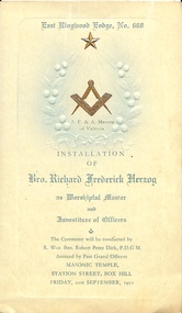 Programme, East Ringwood Masonic Lodge No 668 - Installation of Bro. Richard Frederick Herzog as Worshipful Master, and Investiture of Officers, 21st September1951