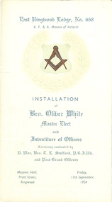 Programme, East Ringwood Masonic Lodge No 668 - Installation of Bro. Oliver White, Master Elect, and Investiture of Officers, 17th September1954