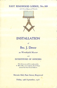 Programme, East Ringwood Masonic Lodge No 668 - Installation of Bro. J. Dewar as Worshipful Master, and Investiture of Officers, 19th September1958