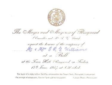 Card, Invitation from the Mayor and Mayoress of Ringwood (Councillor and Mrs A.G. Lavis) issued to Mr and Mrs T.R.G. Williams to attend a Ball at the Town Hall in Ringwood on Friday 14th June 1957 at 8.30 o'clock