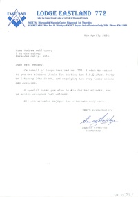 Letter, Masonic Lodge Eastland 772 Letter to Bro Andrew Wellcome (East Ringwood Lodge) - thanks for hosting event. 6th July, 2001