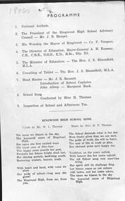 Pamphlet, Ringwood High School - Official Programme for the Opening by THE MINISTER OF EDUCATION - The Hon. J.S. Bloomfield, M.L.A on Friday, 18th April, 1958 at 2pm
