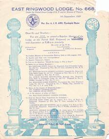 Document, Masonic Lodge East RIngwood No 668 - Meeting Invitations and Agendas 1949-1950