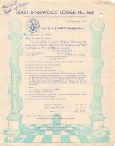 Document, Masonic Lodge East RIngwood No 668 - Meeting Invitations and Agendas 1951-1952