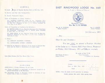 Document, Masonic Lodge East RIngwood No 668 - Meeting Invitations and Agendas 1953-1954