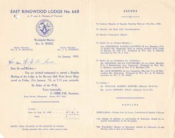 Document, Masonic Lodge East RIngwood No 668 - Meeting Invitations and Agendas 1955-1956