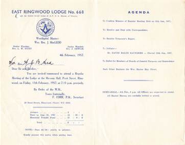 Document, Masonic Lodge East RIngwood No 668 - Meeting Invitations and Agendas 1957-1958