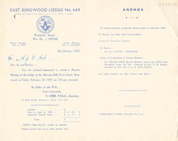 Document, Masonic Lodge East RIngwood No 668 - Meeting Invitations and Agendas 1959-60