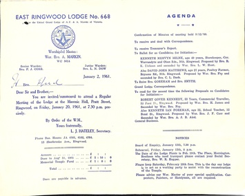 Document, Masonic Lodge East RIngwood No 668 - Meeting Invitations and Agendas 1961-62