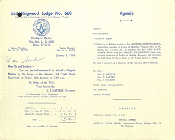 Document, Masonic Lodge East RIngwood No 668 - Meeting Invitations and Agendas 1963-1964