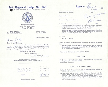 Document, Masonic Lodge East RIngwood No 668 - Meeting Invitations and Agendas 1965-1966