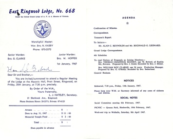 Document, Masonic Lodge East RIngwood No 668 - Meeting Invitations and Agendas 1967-1968