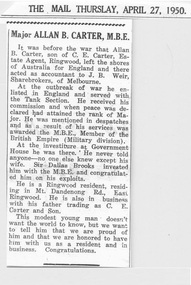 Newspaper - Clipping, Ringwood Mail, Thursday, April 26, 1950 - Major Allan B. Carter, M.B.E