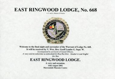 Poster, Masonic Lodge East RIngwood No 668 - final night and surrender of the Lodge Warrant, 16 August 2002