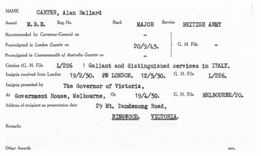 Document, M.B.E. Award Certificate