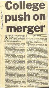 Newspaper, College Push on Merger (From unnamed local newspaper dated 08/07/92)