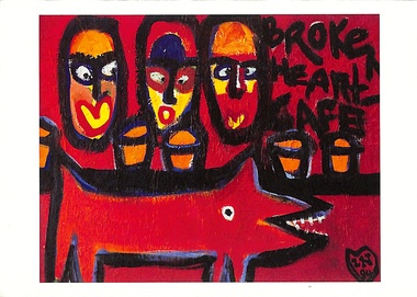 Postcard, 3 copies of Postcard of Painting "Broken Heart Cafe" 1994 by Ian Napier, with handwritten notes by Ian (architect of 2 Hearthside Crt, North Ringwood)