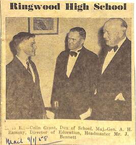Newspaper, Ringwood High School Speech Night - Dux of the school Colin Grant, from The Mail 9/1/58