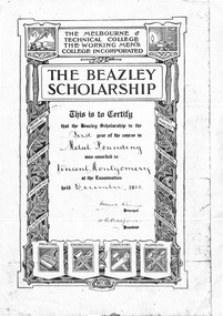 Certificate, Beazley Scholarship Certificate awarded to Vincent Montgomery, December 1935