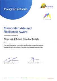 Award, Maroondah Arts and Resilience Award to Ringwood & District Historical Society 2021