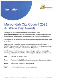 Award, Maroondah City Council Australia Day Awards & Citizenship Ceremony 26 Jan 2023. RDHS Nominated