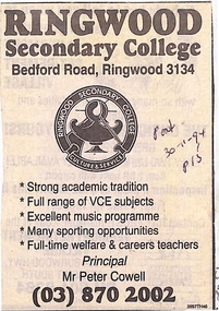 Newspaper, Ringwood Secondary College - Advertisement from The Post, 30-11-94, P 15