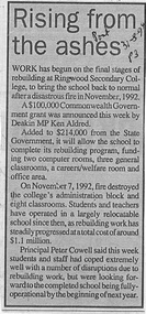 Newspaper, Ringwood Secondary College - work has begun on the final stages of rebuilding after a disastrous fire in November 1992