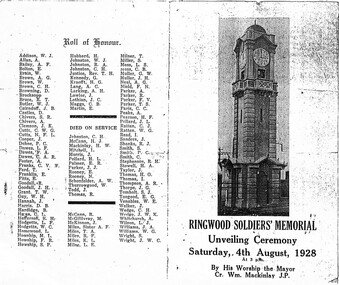 Pamphlet, Ringwood Soldiers' Memorial Unveiling Ceremony - 1928
