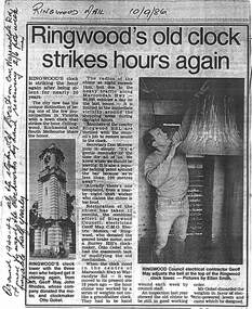 Newspaper - Clippings, Ringwood's Old Clock Strikes Hours Again - Ringwood Mail, 10 September, 1986