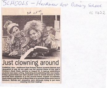 Newspaper, Heathmont East State School - Newspaper article - 2 students  dressed up (Belinda and Jacqueline, Year 6)