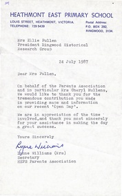 Letter, Heathmont East Primary School - letter of thanks on School letterhead to Mrs Pullen 24 July 1987