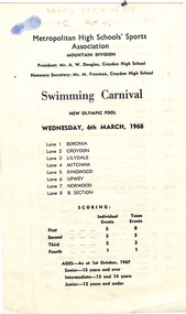 Pamphlet, Metropolitan High Schools' Sports Association - Swimming Carnival - New Olympic Pool - Wednesday, 6th March, 1968