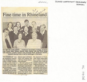 Newspaper, Heathmont Secondary College - "Fine Time in Rhineland" - Newspaper clipping 1996
