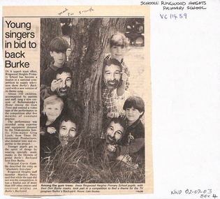 Newspaper, Newspaper Clipping - Ringwood Heights Primary School 1996 "Young Singers in bid to back Burke"