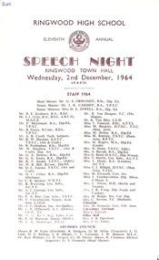Pamphlet, Ringwood High School Eleventh Annual Speech Night 1964 at the Ringwood Town Hall on Wednesday, 2nd December, 1964 at 8 pm
