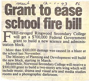 Newspaper, Grant to ease school fire bill- Mail 12-01-93 P.6