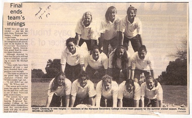 Newspaper, Michelle Kelsey, Norwood Secondary College - Cricket Team - Newspaper article 1994