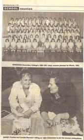 Newspaper, Two photos showing the 1983 HSC class of Ringwood Secondary College, and the later one showing Mandy Franklin and Camille Morrison calling on 1983 classmates to join the reunion celebrations