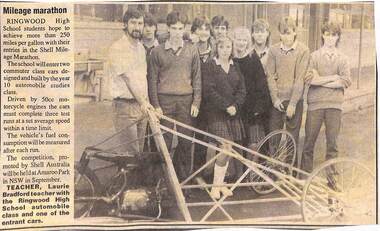 Newspaper, Mileage Marathon - Ringwood High School students hope to achieve more than 250 miles per gallon with their entries in the Shell Mileage Marathon