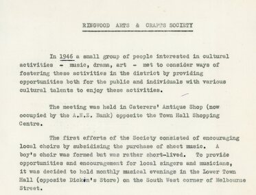 Essay, 1974 Ringwood Arts & Crafts Society history by Miss M McKerrow