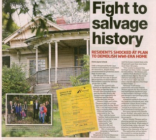 Newspaper - Maroondah Leader Articles by Emma-Jayne Schenk, Steve Tanner, 1. Fight to salvage history - June 7, 2016, and 2. Spotlight on saving aged tree - 12 July, 2016