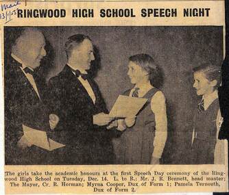 Newspaper, Ringwood High School Speech Night - Photograph from The Mail 13/1/1955