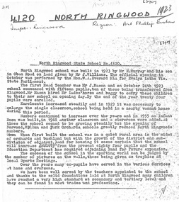 Document, North Ringwood State School - Brief History covering 1923 to post 1968