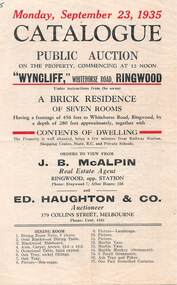 Flyer - Catalogue, Public Auction - Brick Residence and Contents of Dwelling, "Wyncliff", Whitehorse Road, Ringwood. 1935