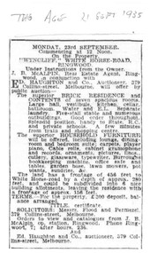 Newspaper - Advertisement, Auction - "Wyncliff", Whitehorse Road, Ringwood, Monday 23 September 1935